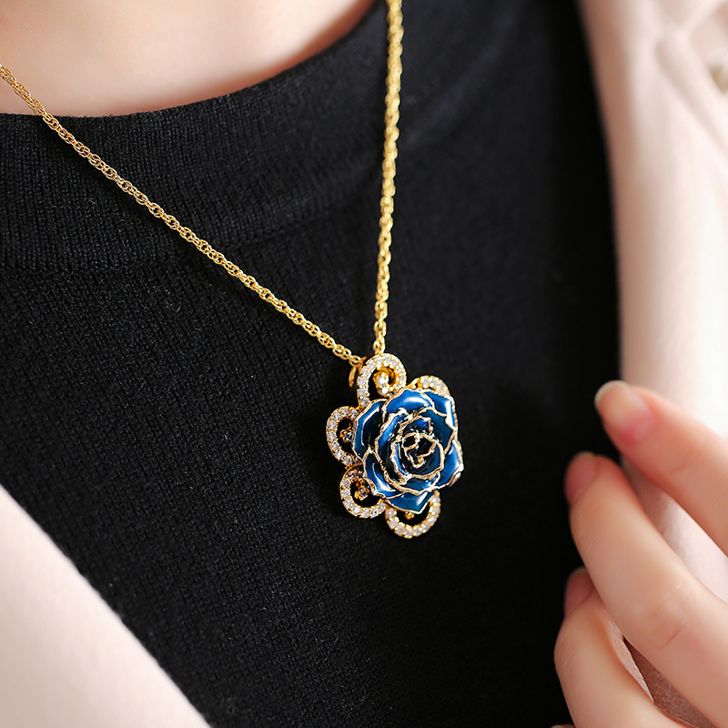 Diamond Lace Blue Rose Necklace (fresh Rose)