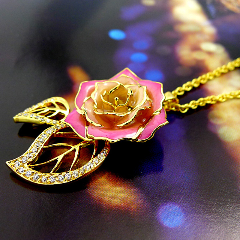 Double Leaf Pink Rose Necklace (fresh Rose)